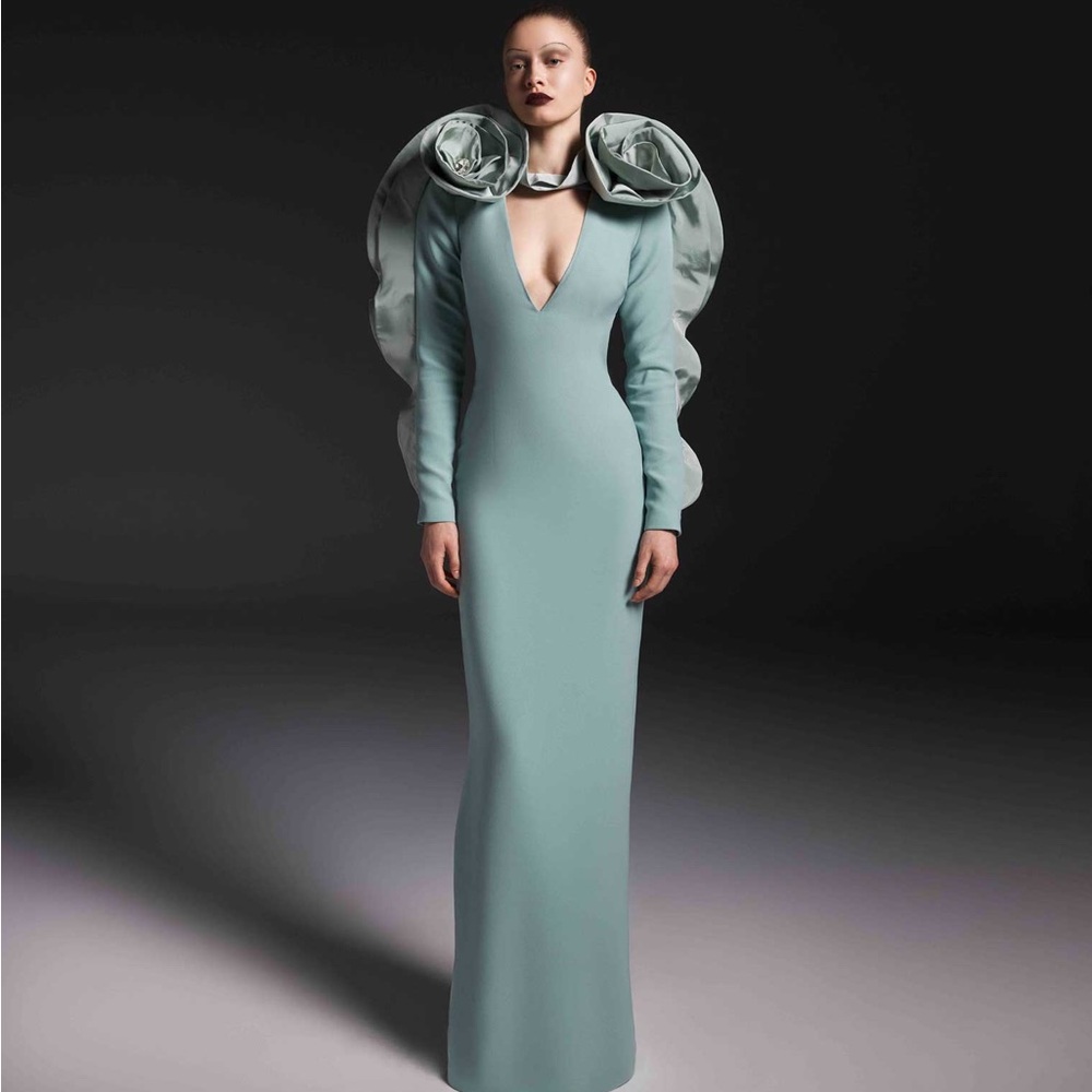 NWT long sleeve dress seafoam gown w/ deep Vneck extravagant taffeta roses XS - Picture 2 of 14